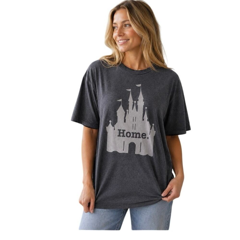 The Home T Disney Castle Home Charcoal Gray Heather Graphic T-Shirt Womens Large